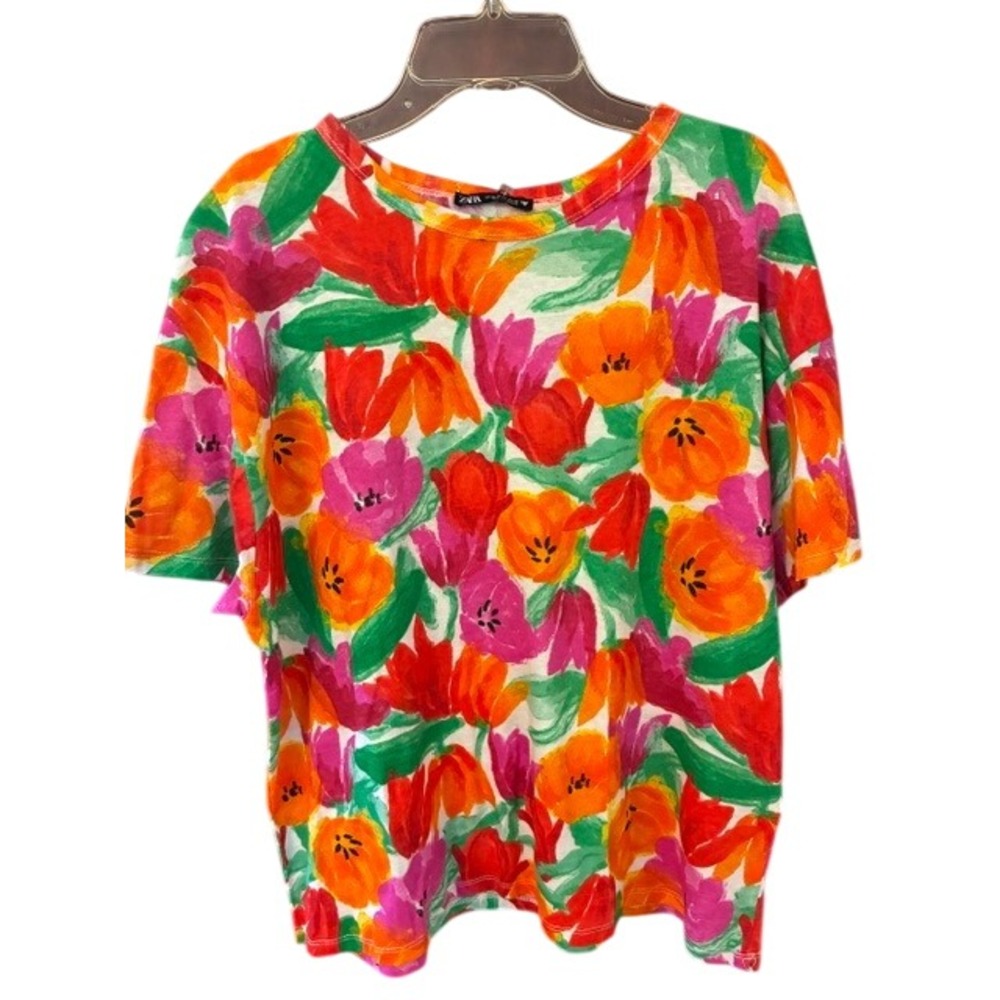 ZARA Floral T-Shirt Womens M Multicolor NWT Short Sleeve Cotton Tulip Print Tee